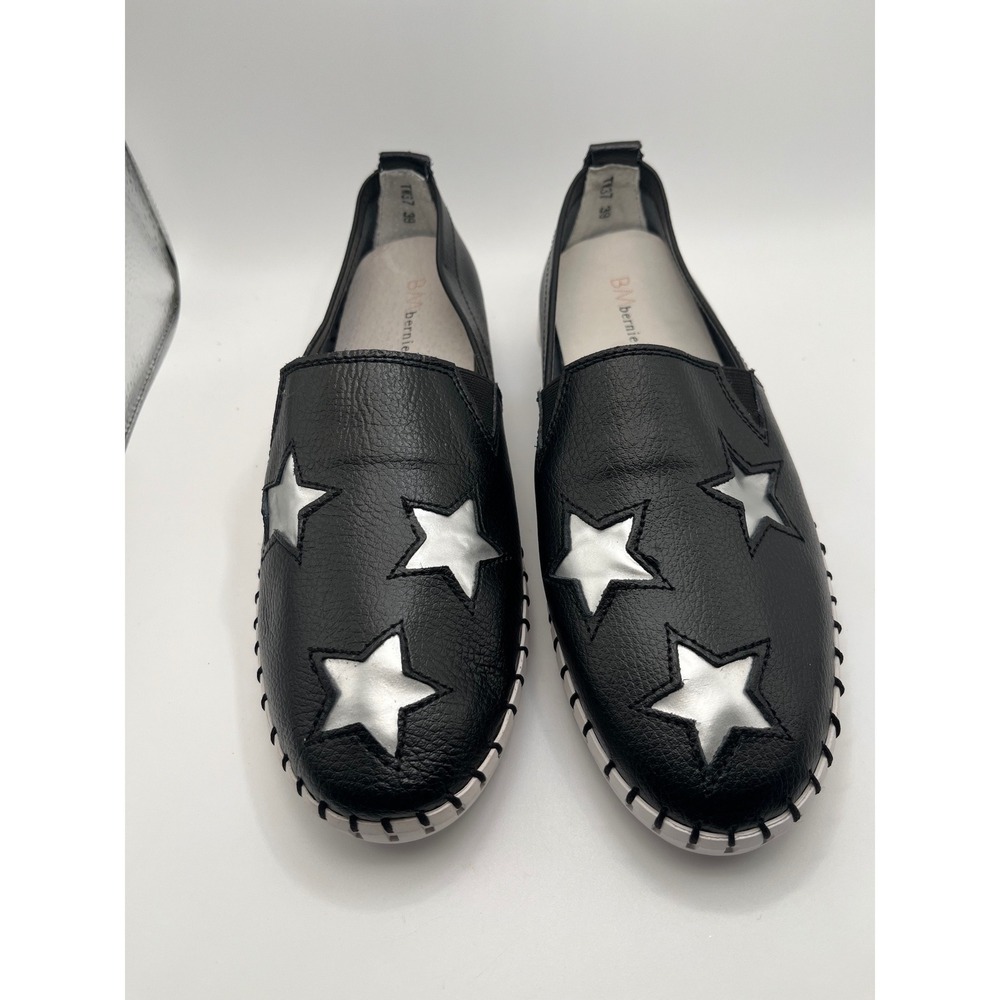 Bernie Mev Black Leather Silver Star Slip On Loafers Flats TK37 Size 39